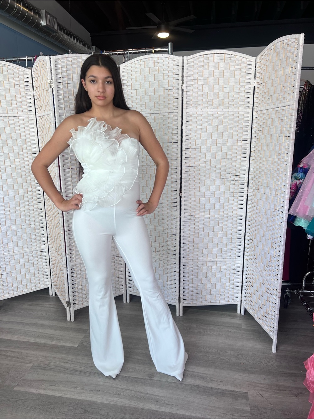 Fashion Nova White Strapless Ruffle Flare Jumpsuit